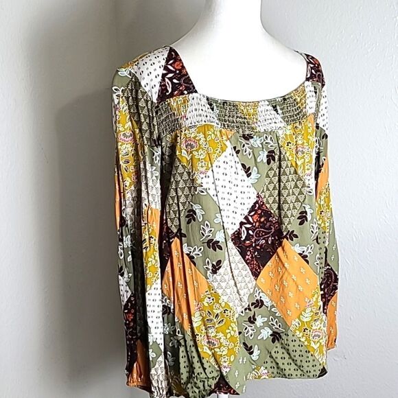 Colorful Longsleeve Patchwork Top, Shirred Elastic Neckline, Size Medium - Picture 2 of 8